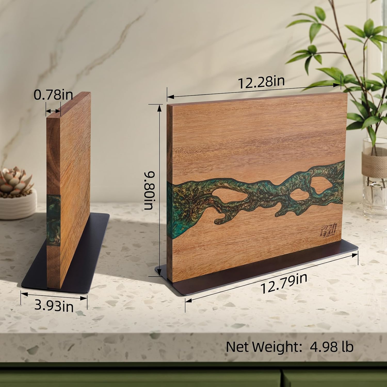FINDKING Magnetic Knife Block, Double-Sided Knife Holder with Strong Magnets, Acacia Wood and Golden Green Resin, Countertop Kitchen Knife Storage Stand (12 × 10 Inches, Without Knives)
