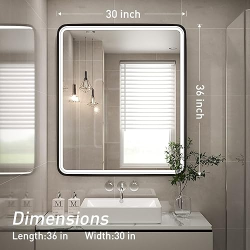 Miniatura 6 de Espejo LED de 30 x 36 pulgadas para baño, espejo de tocador iluminado con marco de metal negro, espejo de maquillaje grande montado en la pared,