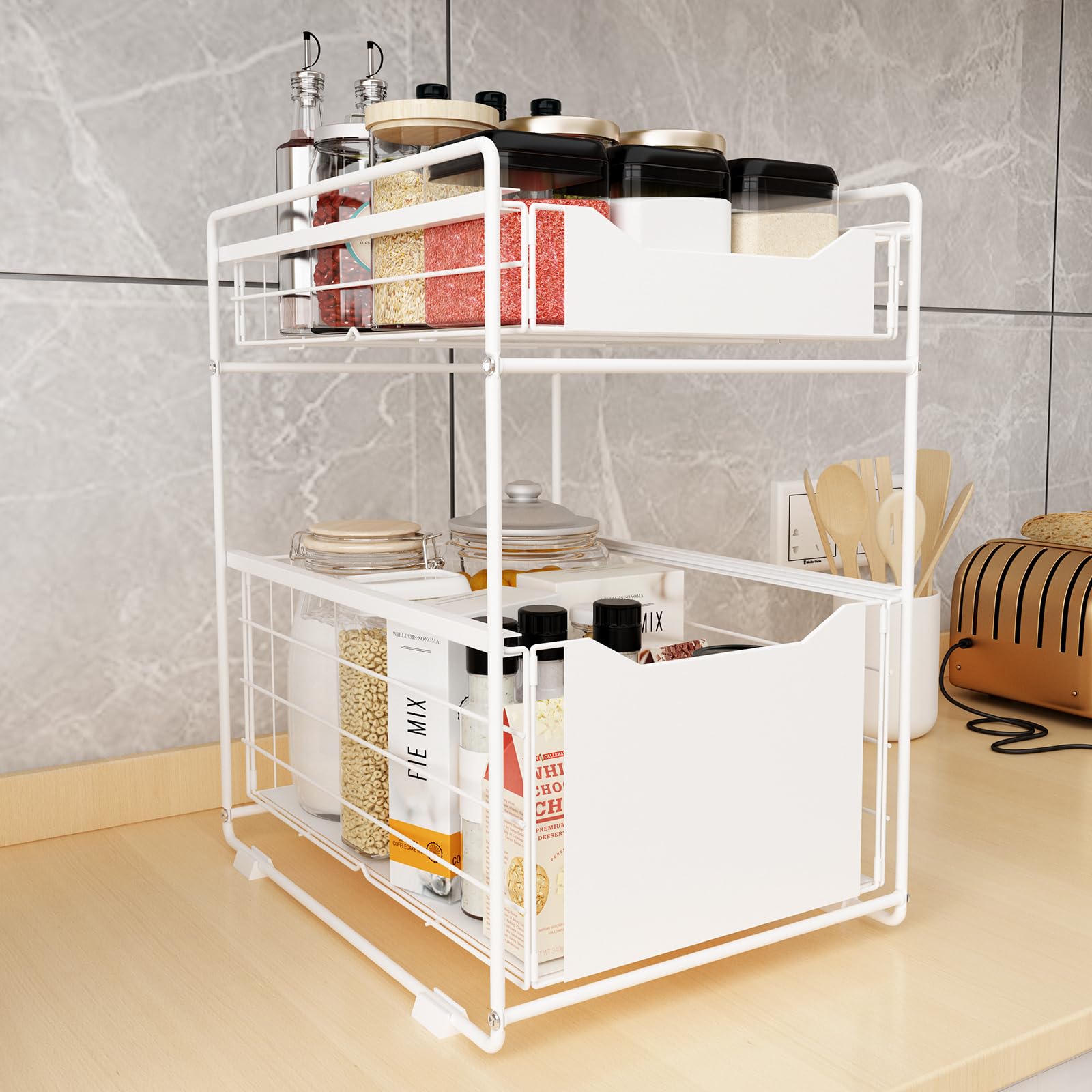 YunNasi Uittrekbare keukenkast-organizer, 2 etages, spoelkastorganizer met 5 haken, voor keuken, badkamer, onder de wastafel, rek, keukenrek, metaal, kruidenrek, staand in hoogte verstelbaar (wit