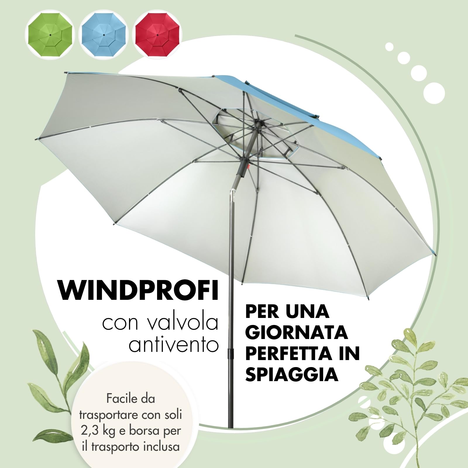 Doppler - Ombrellone, 200 cm, ombrellone stabile da spiaggia, a prova di vento, ombrellone da spiaggia, pieghevole, impermeabile