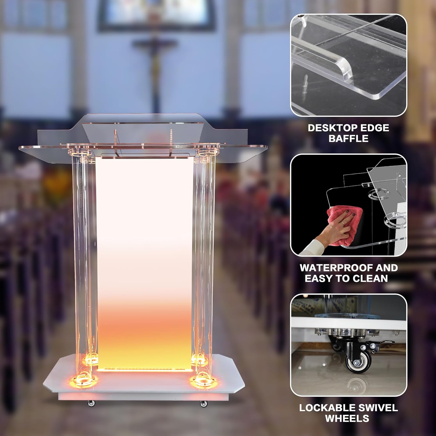 Customizable Logo & Text Church Pulpit,Transparent LED Acrylic Podium with Wheels and Vertical Reading Platform, 46" Lectern for Church and Classrooms (39.4"L*15.7"W *45.7"H)