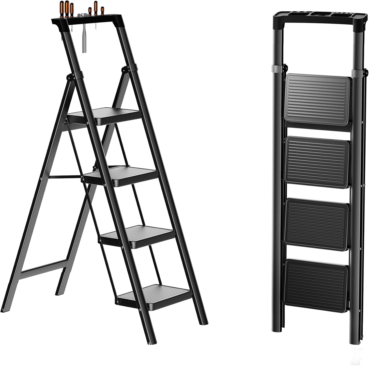 4 Step Ladder with Tool Storage Tray, Folding Step Stool with Handgrip and Anti-Slip Wide Pedal, Portable Stepladder for Kitchen, Home, Library, Office (300 lbs Capacity) - Black