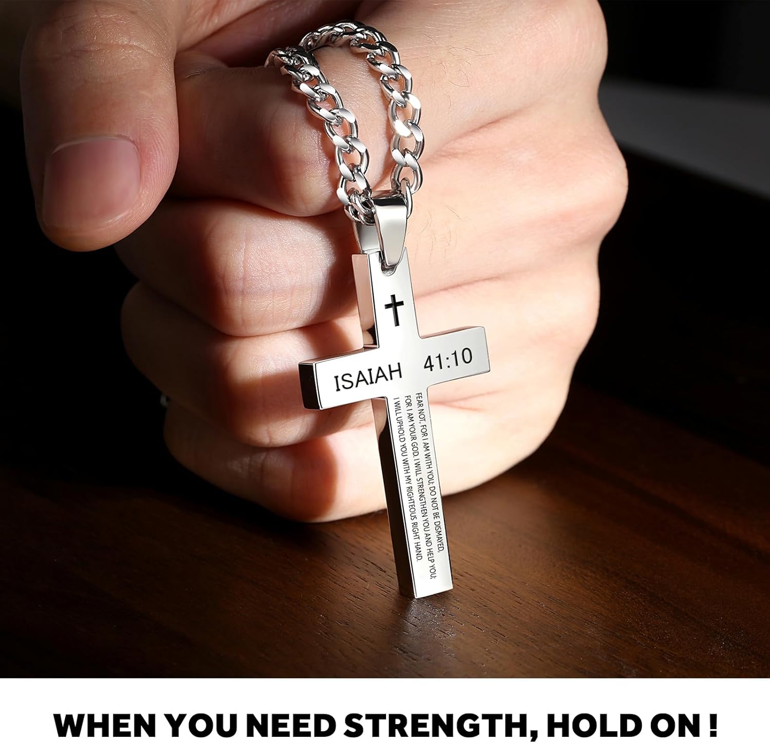 REVEMCN Inspirational Bible Verse Cross Necklace for Men Boys, Stainless Steel Plain Black Silver Cross Pendant Necklace for Men 20-24 Inches Curb Chain Faith Jewelry Gift - Image 2