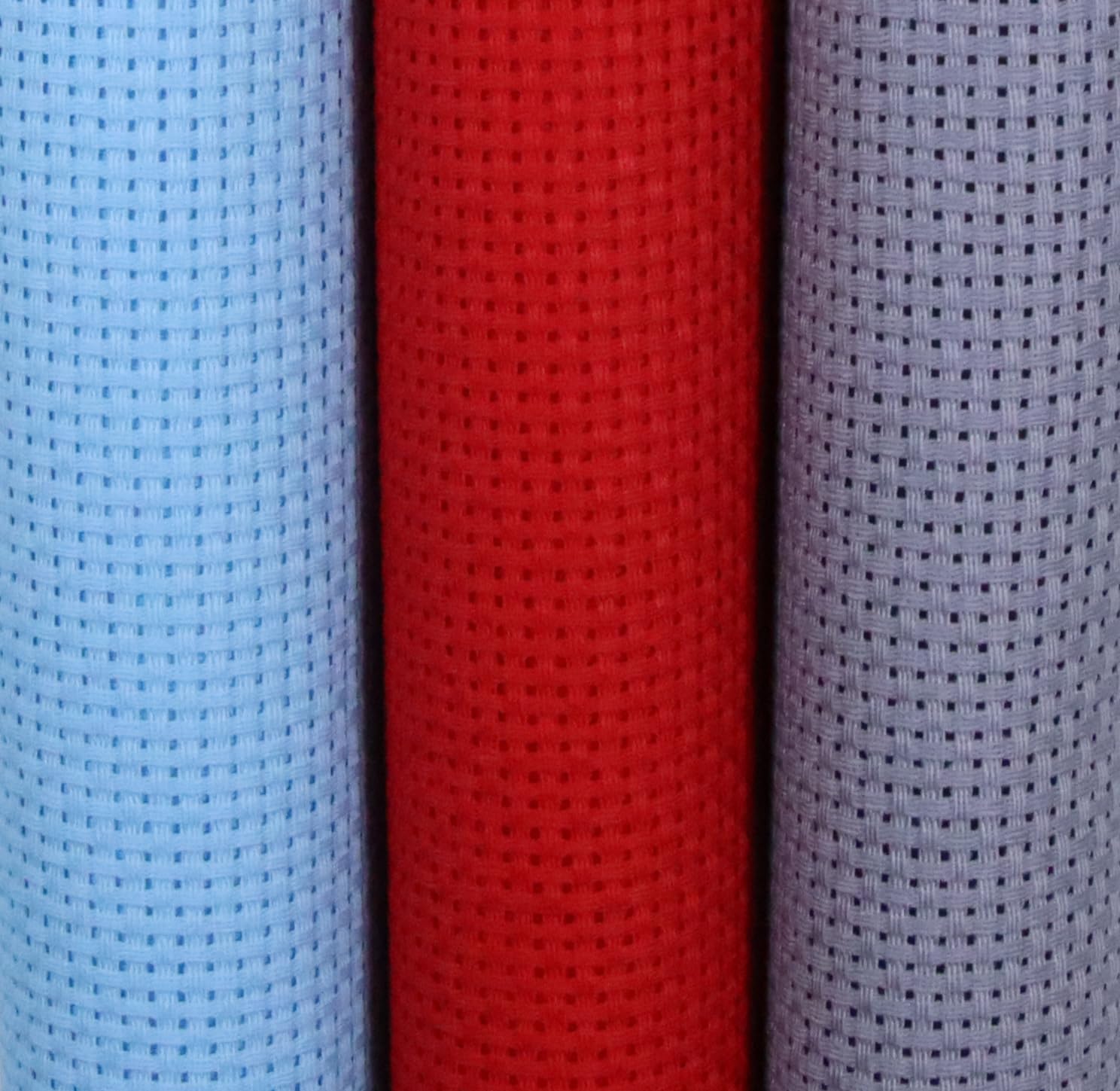 KCS 3 pc of 15" x 18"(38cmx45cm) 11 Count Cross Stitch Cotton Aida Cloth Needlework Rolled Fabric Box,11CT,Light Blue+Red+Light Steel Grey