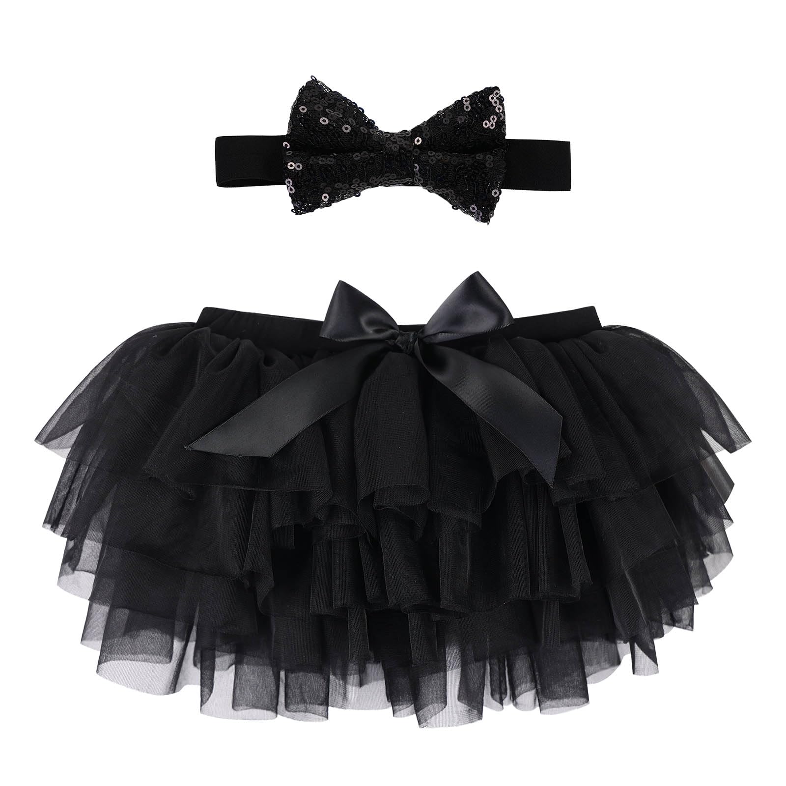 HUAANIUE Newborn Baby Girl Fluffy Soft Tutu Skirt with Diaper Cover,Toddler Girl Tutu Skirt with Headband Black