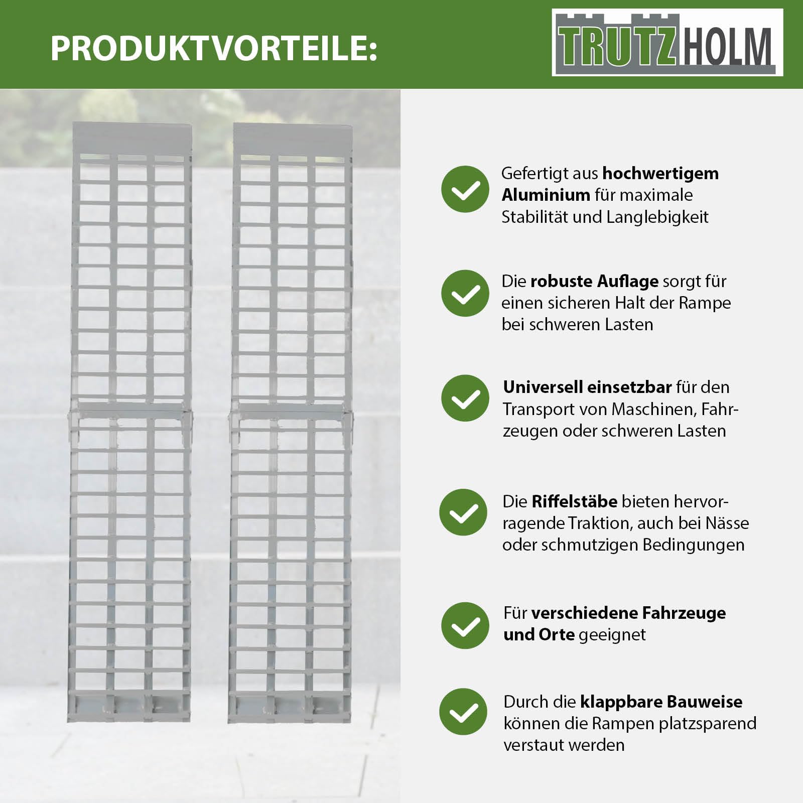 TRUTZHOLM 2 x Auffahrrampen 230 cm 1360 kg Traglast Alu klappbar grau Riffelstab Rampe Verladerampen