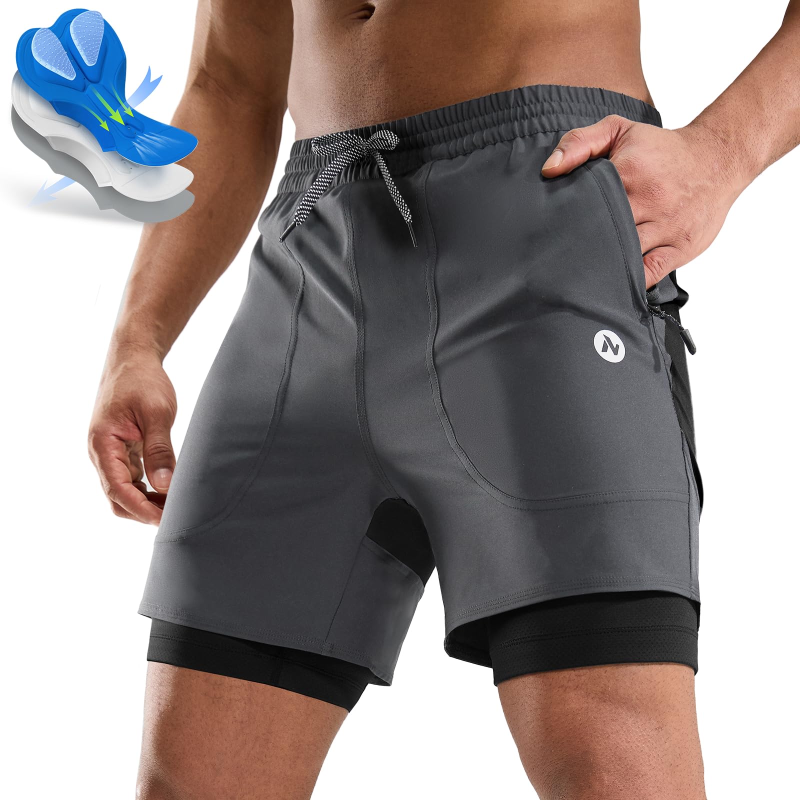 Nepest Herren-Mountainbike-Shorts, 4D-gepolstert, für MTB, Fahrrad, Radfahren, lockere Passform, Gel-Polsterung, Shorts mit Reißverschlusstaschen