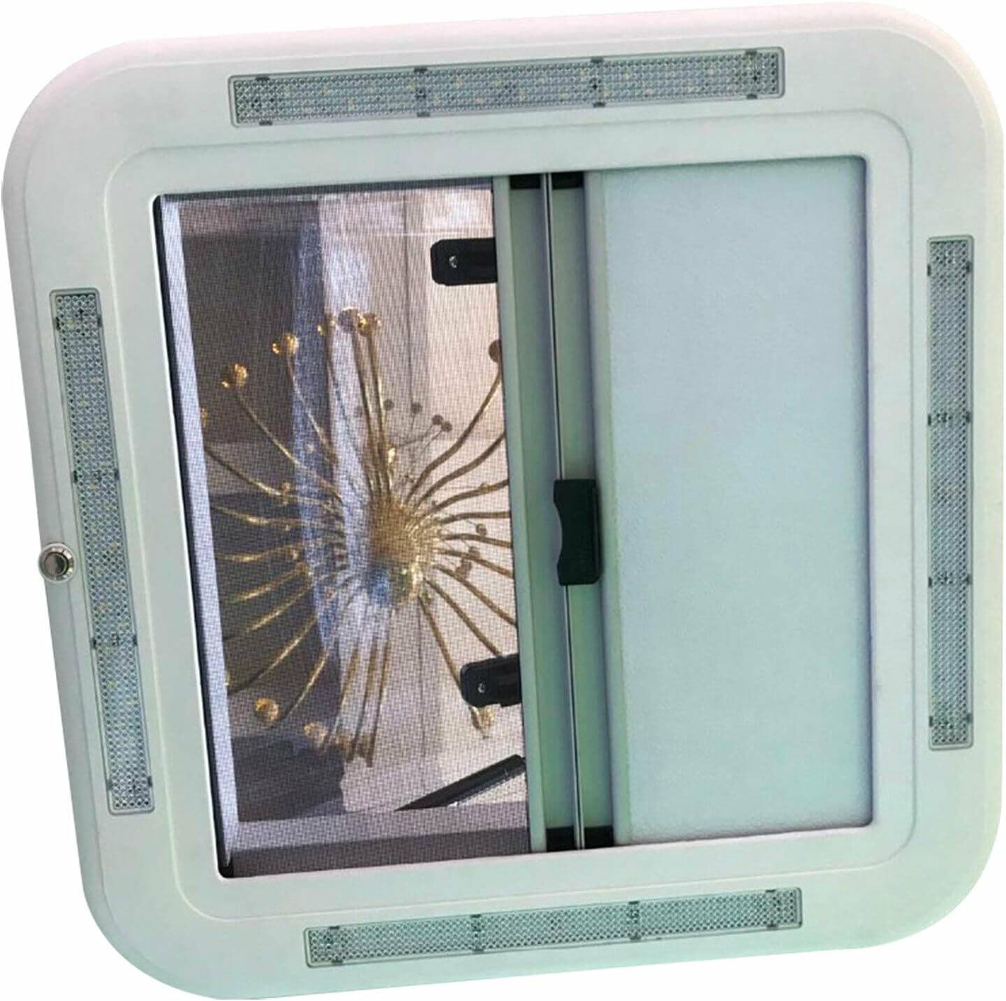 Interior view of the RV Roof Window with the insect net deployed.