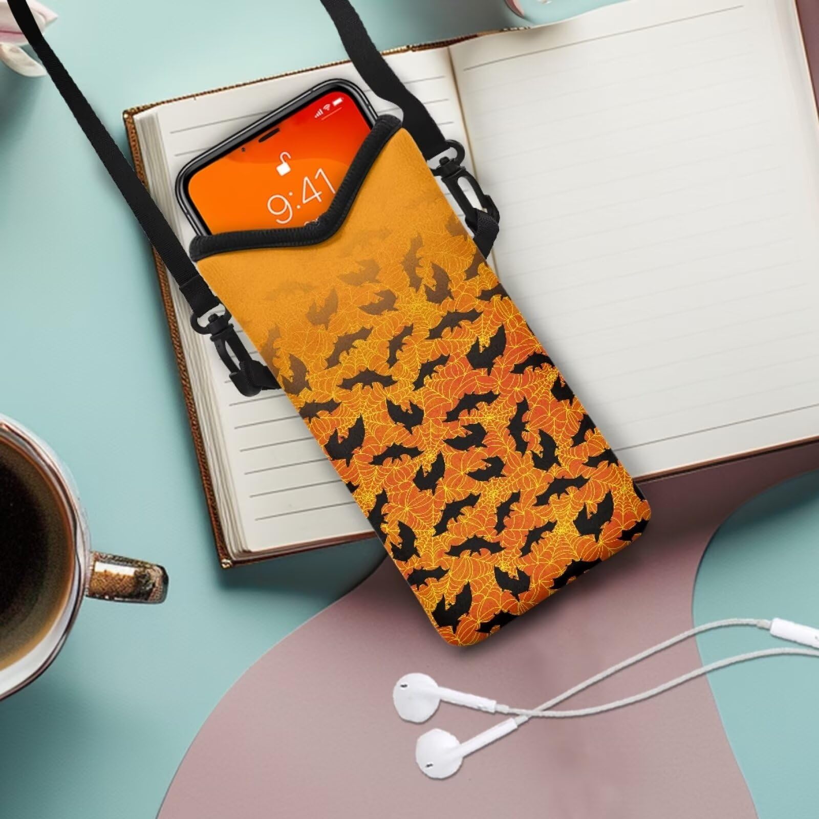 Sepetwhos Halloween Bat Cobweb Print Crossbody Wallet Phone Bag Shoulder Strap Wallet Pouch for Women Crossbody Cell Phone Purse with Hook and Loop Fastener Shockproof