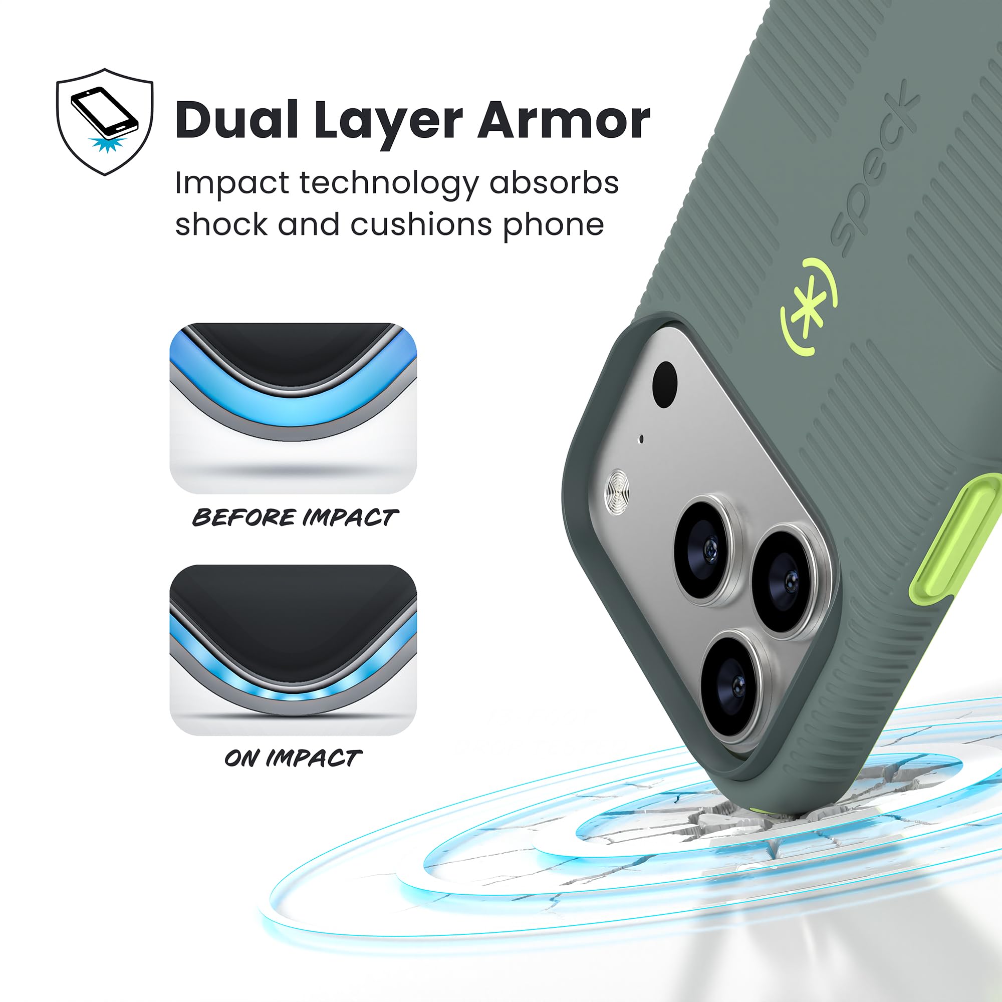 Speck CANDYSHELL Grip +MS - Funda para iPhone 17 Pro - Neo Drab/Verde Brillante | Agarre Protector Delgado | Protección contra caídas | Compatible con MagSafe