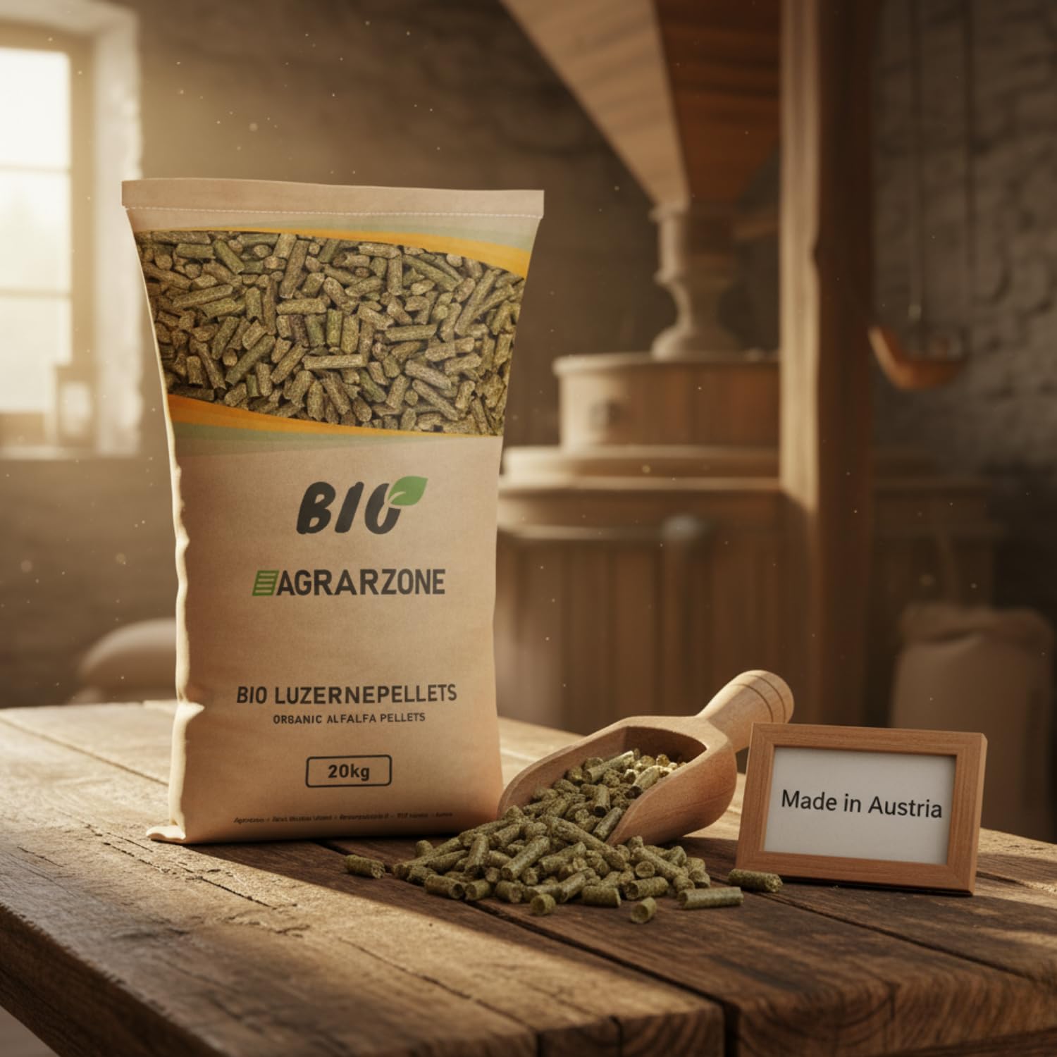 Agrarzone Pellets de Luzerne Bio 20 kg - Qualité 100% Bio - Pellets de Luzerne Premium comme substitut de fourrage Grossier - pour l'alimentation des Chevaux, chèvres, Poules et Petits Animaux