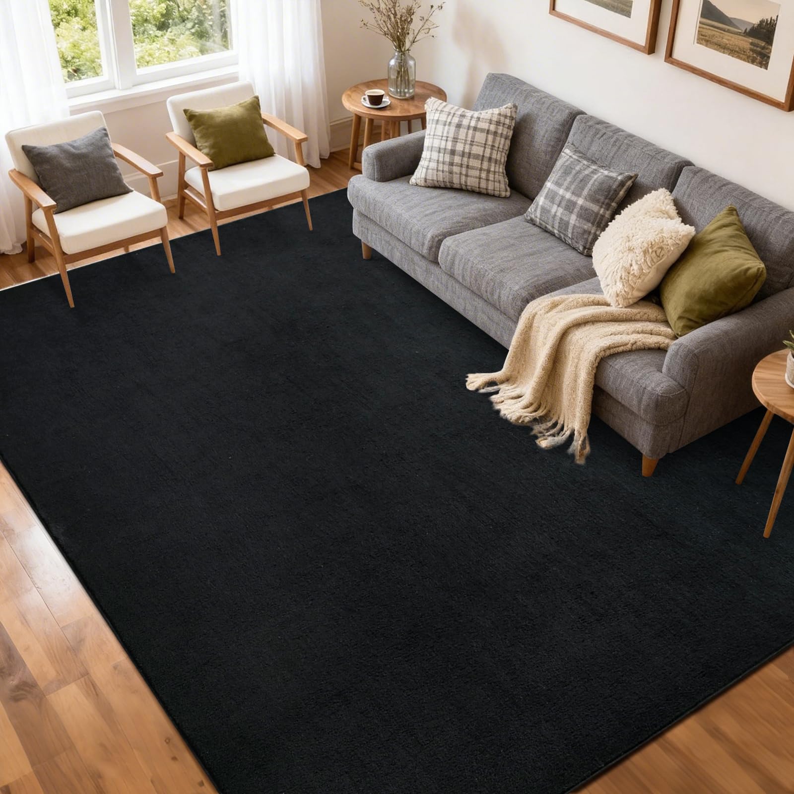 FinRèc 5x7 Washable Area Rugs for Bedroom Living Room, Low Pile Thin Rug Solid Color, Non-Slip Carpet Indoor for Home Decor (Pure Black)