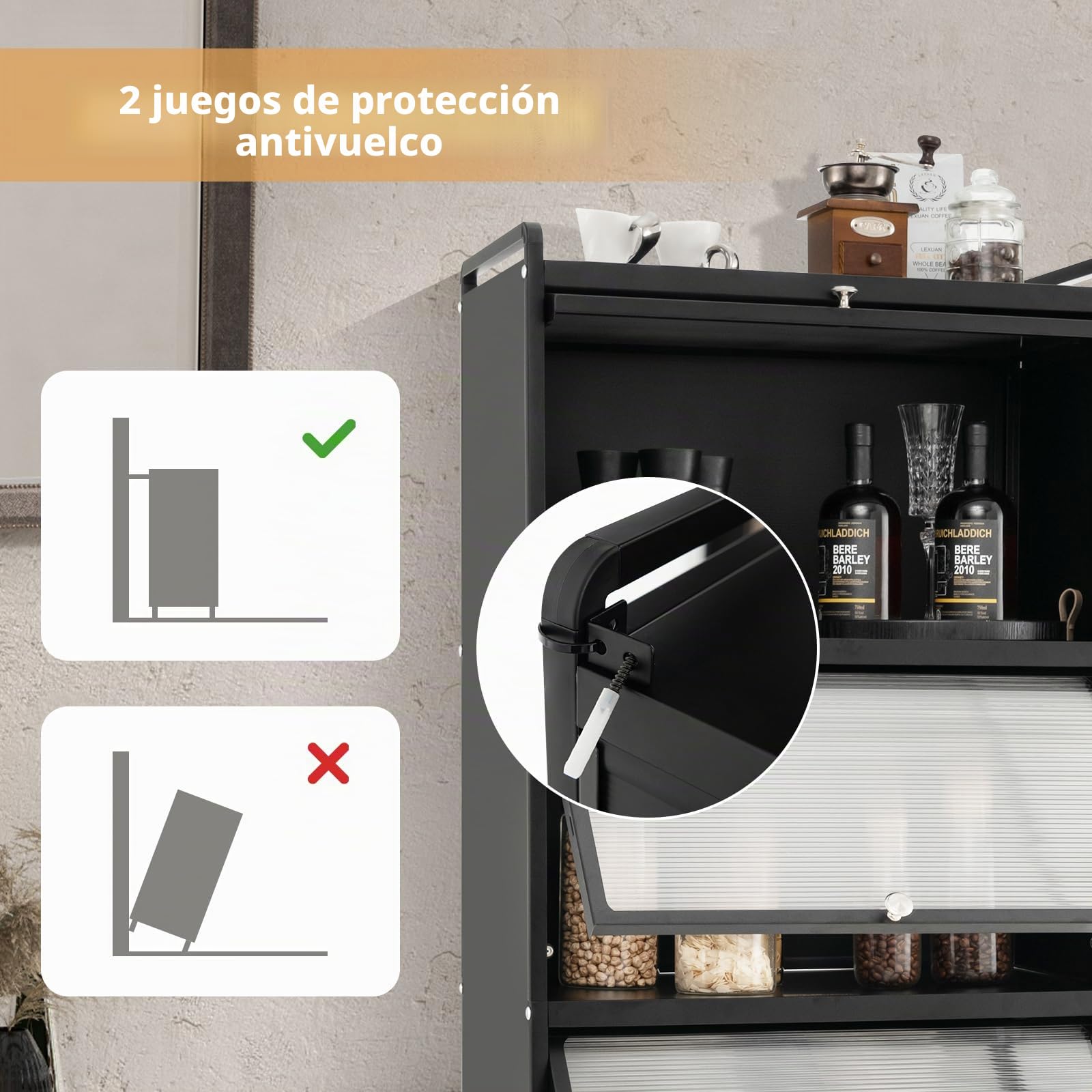 GOPLUS Estantería de cocina con ruedas, armario de cocina con 5 niveles, estantería de almacenamiento con puerta, estantería de pie de metal para salón, cocina, comedor, 60 x 32 x 154 cm (negro)