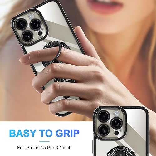 Miniatura 6 de LONTECT Funda para iPhone 15 Pro, a prueba de golpes, protección de cuerpo completo, soporte de anillo de astronautas, delgada, transparente,