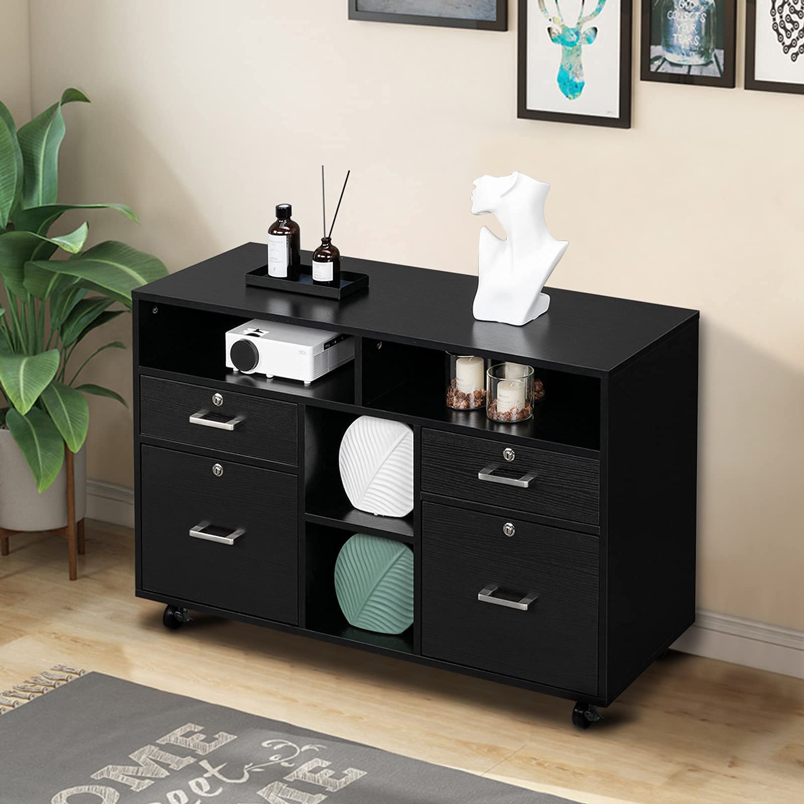 VINGLI Wood Mobile File Cabinet with 4 Drawers and Shelves Printer Stand with Open Storage Locking Lateral Filing — view 2