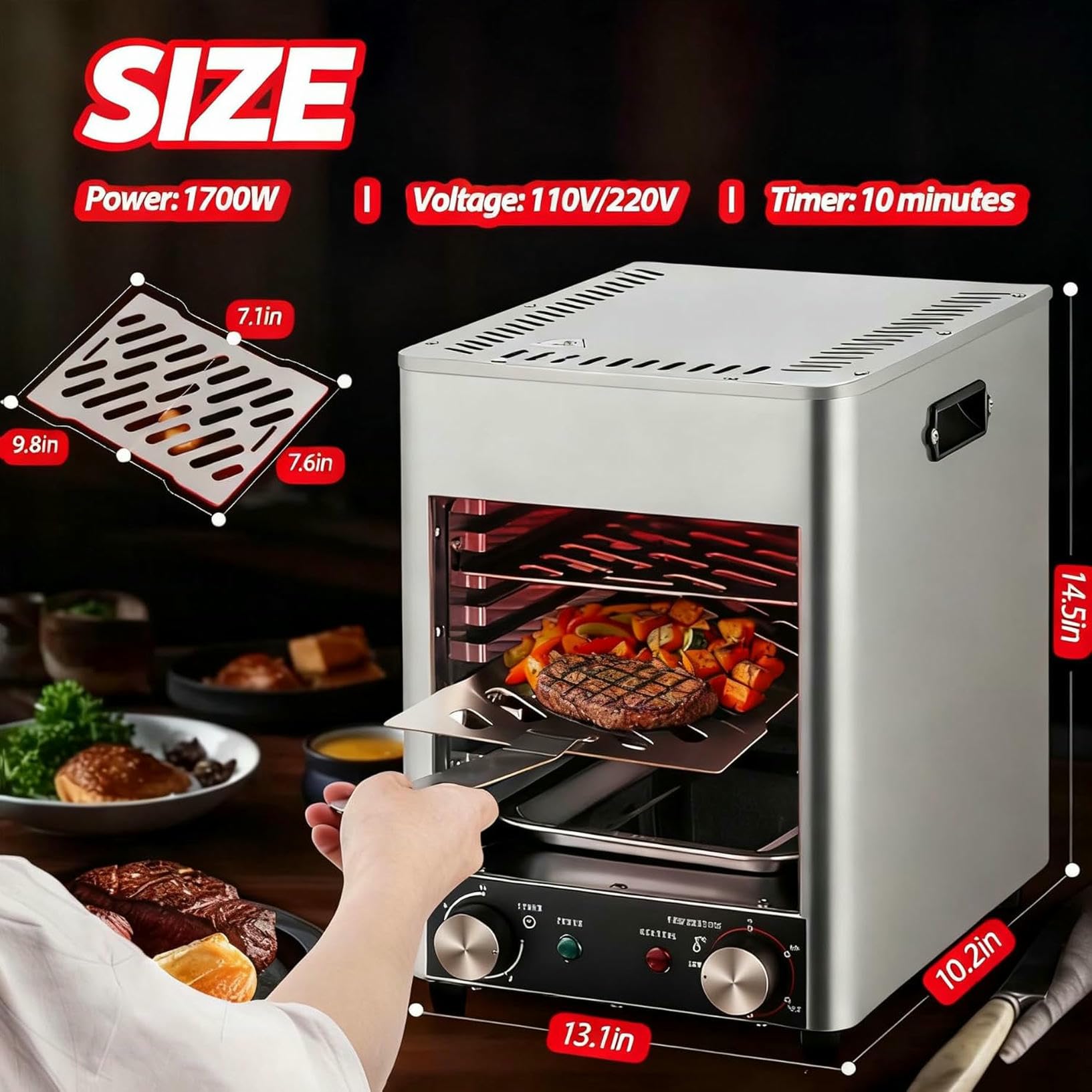 Griglia elettrica a infrarossi per bistecche, 1700 W, griglia a 10 Livelli | Preriscaldamento in 5 Minuti per grigliate all;Aperto di Manzo, Pollo e Verdure.