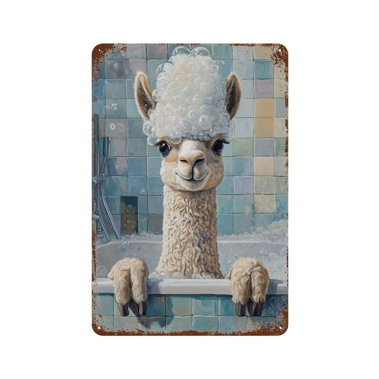 Alpaca Bath Time 11.8"x7.9" Vintage Rust Metal Sign, Decorative Metal Wall Art for Bistro, Counter And Cafe Decor