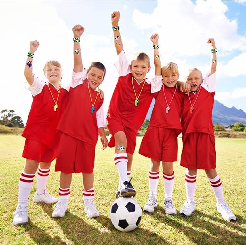 Miniatura 6 de YUJUN Juego de 112 piezas de recuerdos de fiesta de fútbol, juguete de fútbol, juguetes de fútbol, spinners, pulsera de silbato, tatuajes,