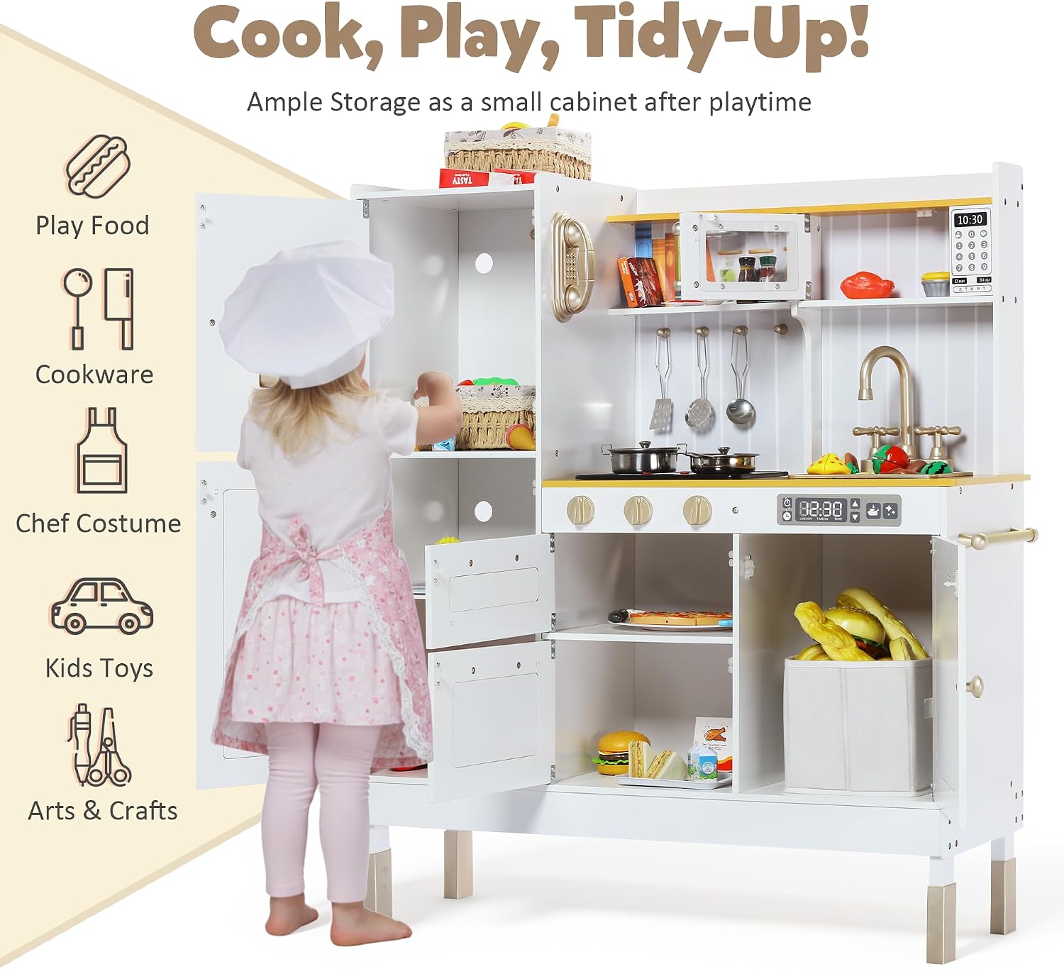 TODEFULL Play Kitchen for Kids, Wooden Kids Kitchen Playset with Realistic Sounds, Children Pretend Toy Kitchen Playset w/Stove, Oven & Ice Maker, Little Chef Play Kitchen for Girls and Boys, White