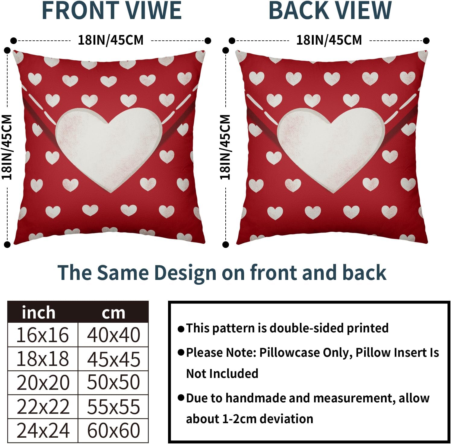 Red Valentines Day Pillow Covers 18x18 Set of 2 Love Heart Print Valentine's Decorative Throw Pillows Outdoor Farmhouse Holiday Valentine Decoration Pillowcases Cushion Cases Decor for Sofa Couch Bed - Image 4