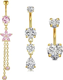 LAURITAMI14G Dangle Belly Button Rings - Surgical Steel Silver and Rose Gold CZ Piercing Jewelry for Women