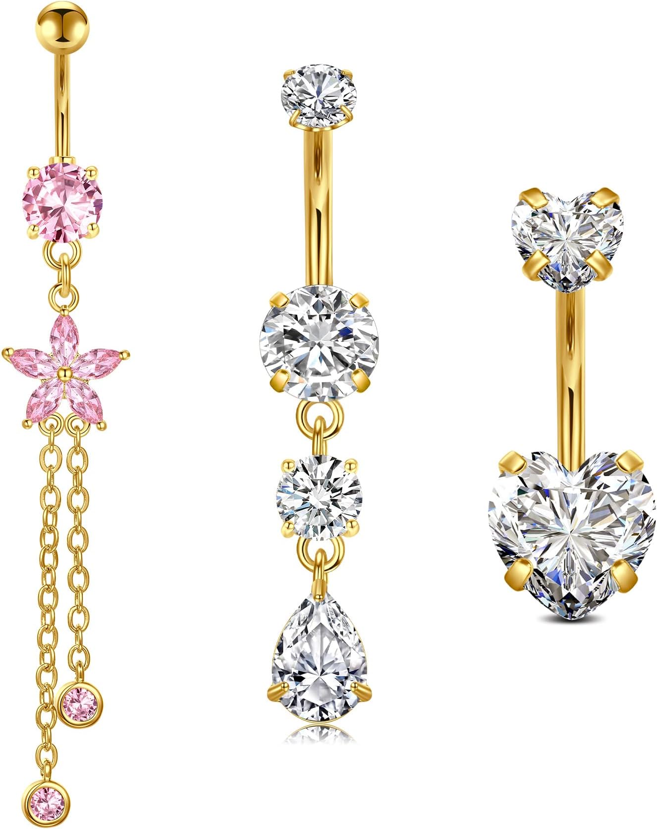 LAURITAMI14G Dangle Belly Button Rings - Surgical Steel Silver and Rose Gold CZ Piercing Jewelry for Women