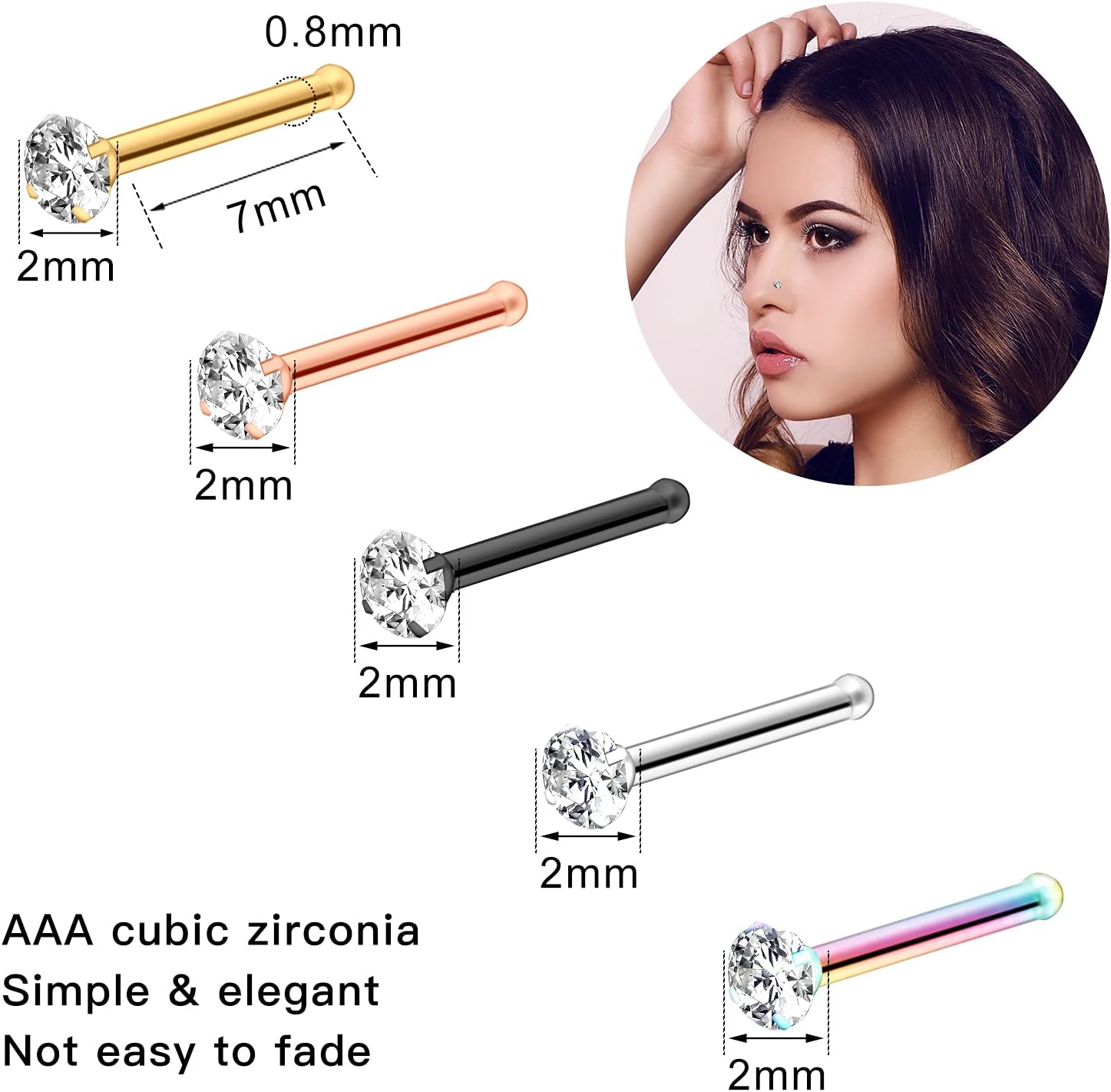 ONESING 32-55 Pcs 20G Nose Rings Hoops & Studs - L Shape, CZ, Stainless Steel Body Piercing Jewelry