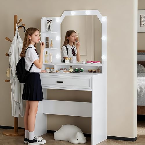 Small Vanity Desk with Mirror and Lights White Vanity with Lighted Mirror for Girl's Gift (16" D x 24" W x 54" H)