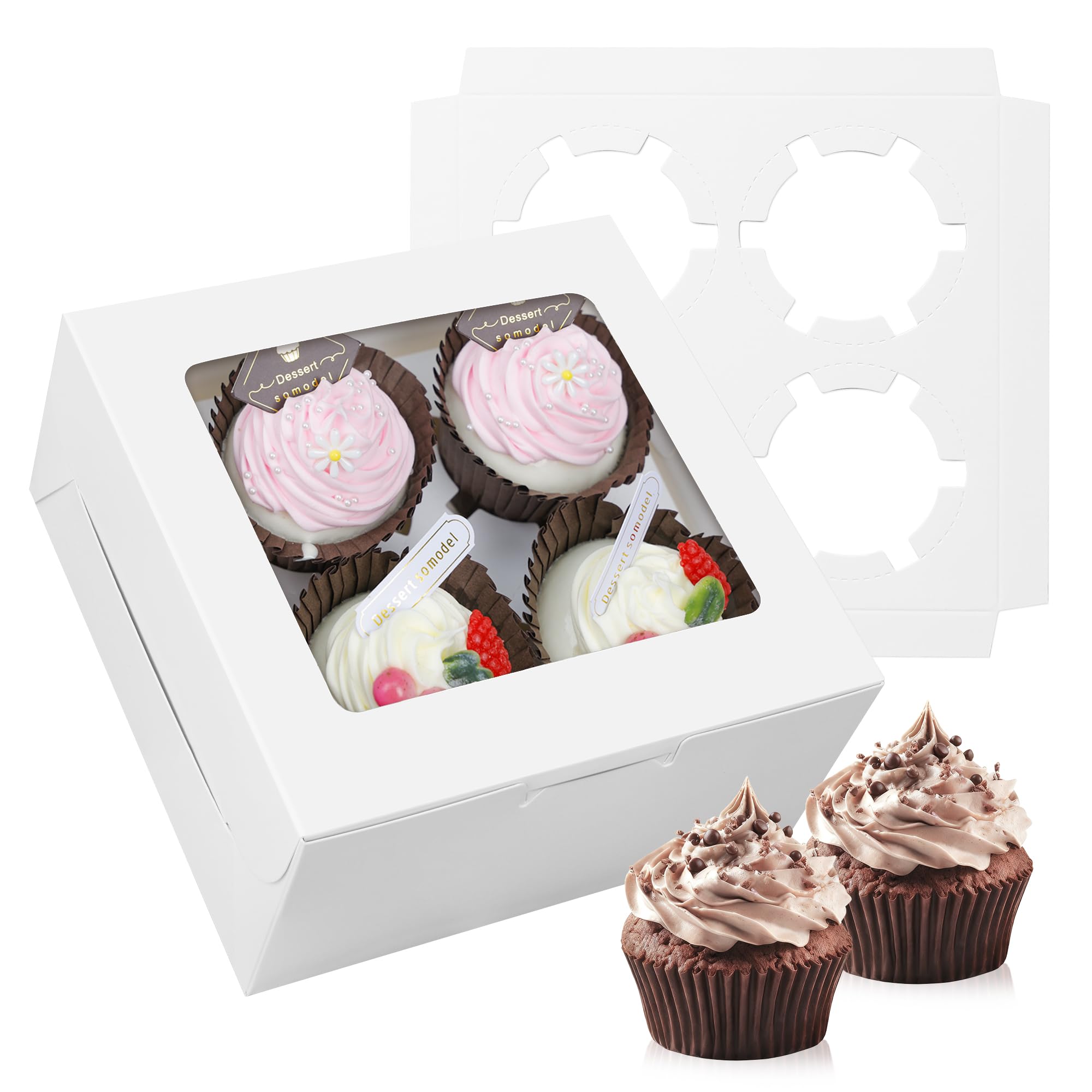 MonYouGe 10-Set Cupcake Boxes Bulk with Window Hold 4 Standard Cupcakes, Food Grade White Cupcake Carrier Cupcake Container, Perfect for Cupcakes Muffins Cookies Pastries