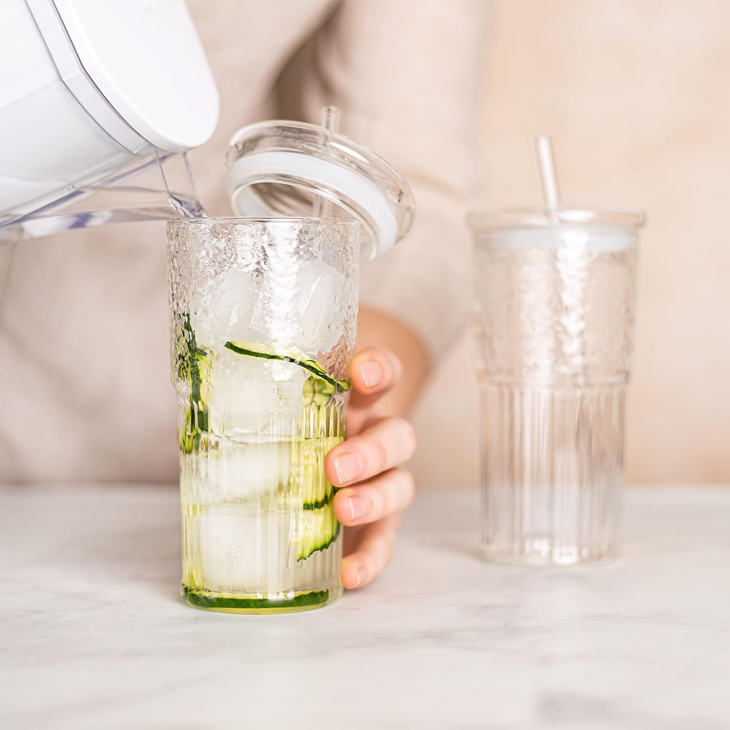 All Glass Iced Coffee Cup with Lid and Straw, Glass Tumbler Set of 2 (18 oz) : Home & Kitchen
