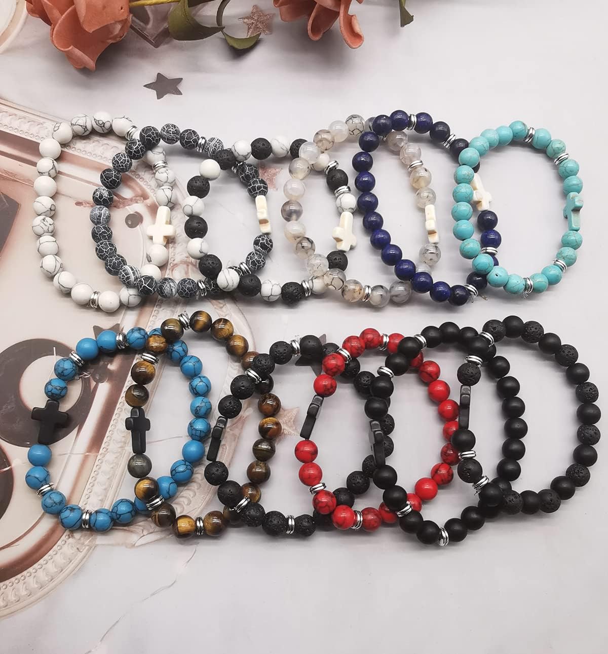 12Pcs Fashion Religion Cross Men Women 8mm Natural Stone Lava Tiger Eye Stretch Anxiety Bracelets Unisex 7.5" - Image 6