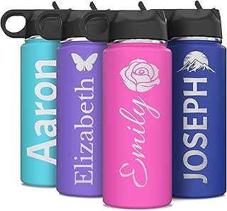 Personalized Name and Icon Logo Insulated Stainless Steel Water Bottle with Flip Top Lid & Straw Custom Gift for Him or Her, Adults and Kids 18 oz.
