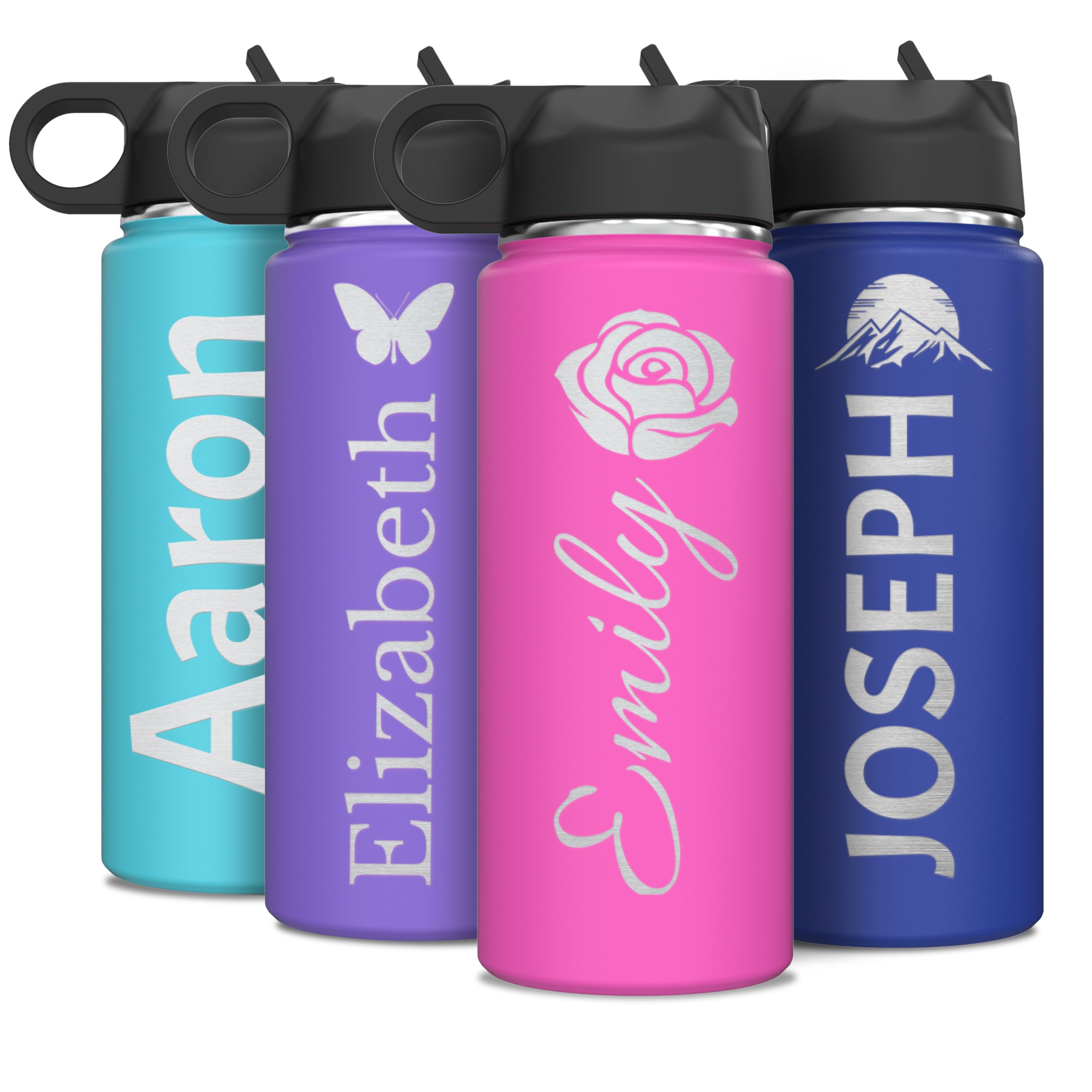 Botella de agua de acero inoxidable aislada con nombre e icono personalizado de 18 onzas con tapa superior abatible y popote, grabado personalizado, regalos para adultos y niños (pequeño)