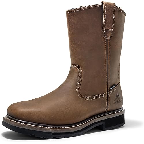 NORTIV 8 Steel Toe Work Boots for Men – Waterproof Pull on Wellington Cowboy Boots for Men with Full-grain Leather for Construction, Farming Bronco Stormrider