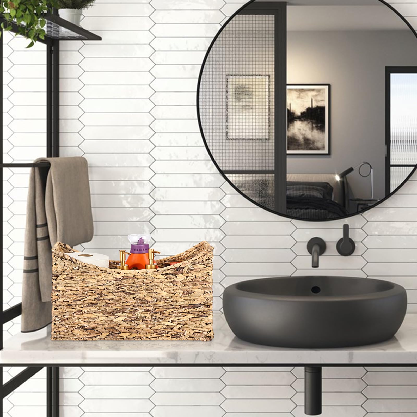 Revistero estable de jacinto de agua, cesta de almacenamiento tejida, soporte para archivos con asa, cesta de mimbre para libros, revistas, papeles como regalo, decoración 43 x 16 x 25 cm