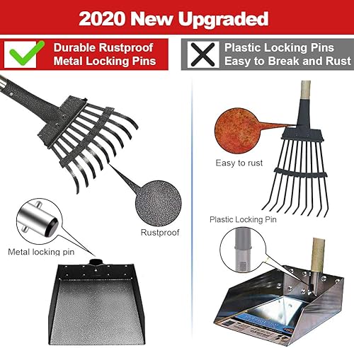 Miniatura 2 de QiMH Juego de bandeja y rastrillo mejorado para excremento de excremento de mascotas de metal inoxidable con mango largo ajustable para perros