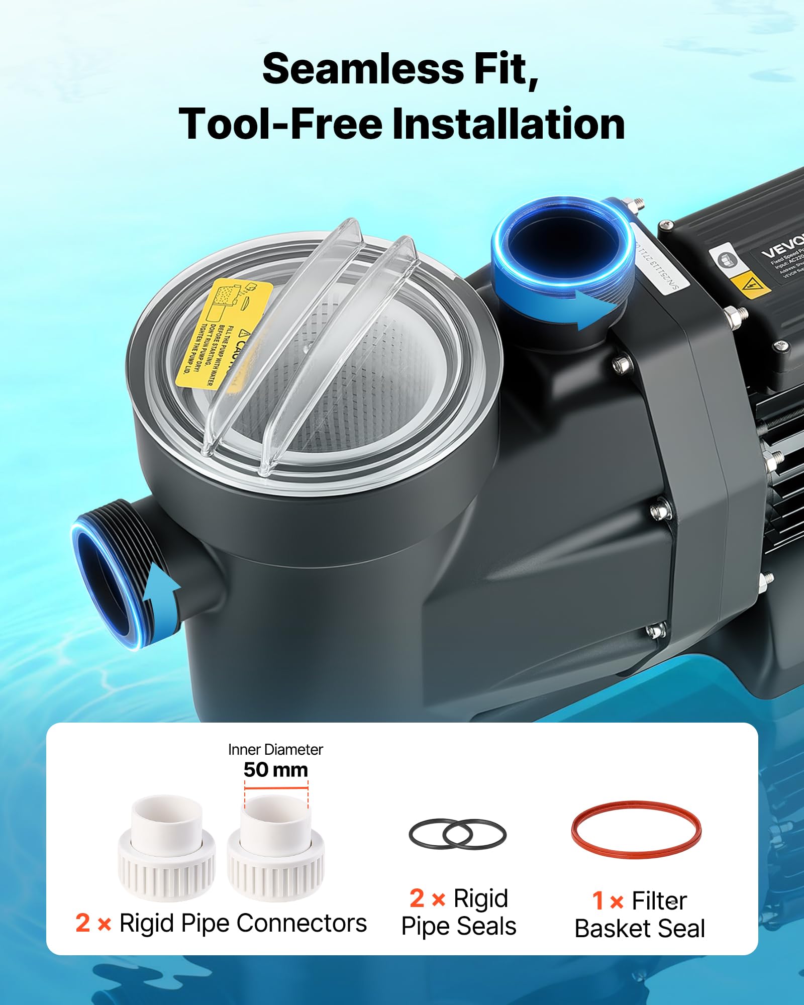 VEVOR Bomba para Piscina 1300 W Caudal Máximo de 28800 L/H Bomba de Filtración para Piscina de Una Sola Velocidad, CA 220-240 V, Altura de Elevación Máxima de 17 m, con Temporizador de 24 Horas