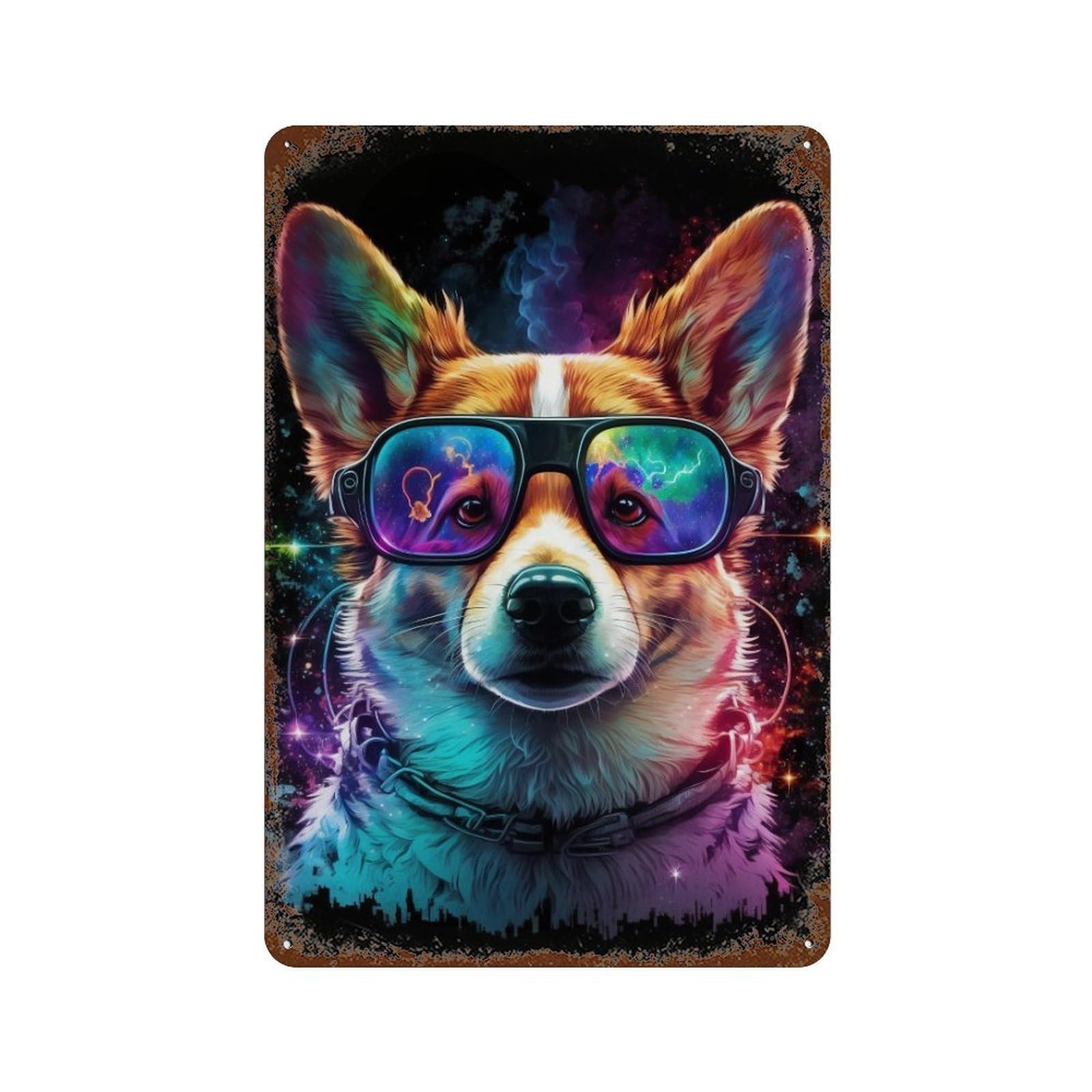 Cosmic Corgi Sunglasses Art Print Rusty Metal Tin Sign 11.8"x7.9", Ideal for Shed, Workshop And Garage Wall Decor