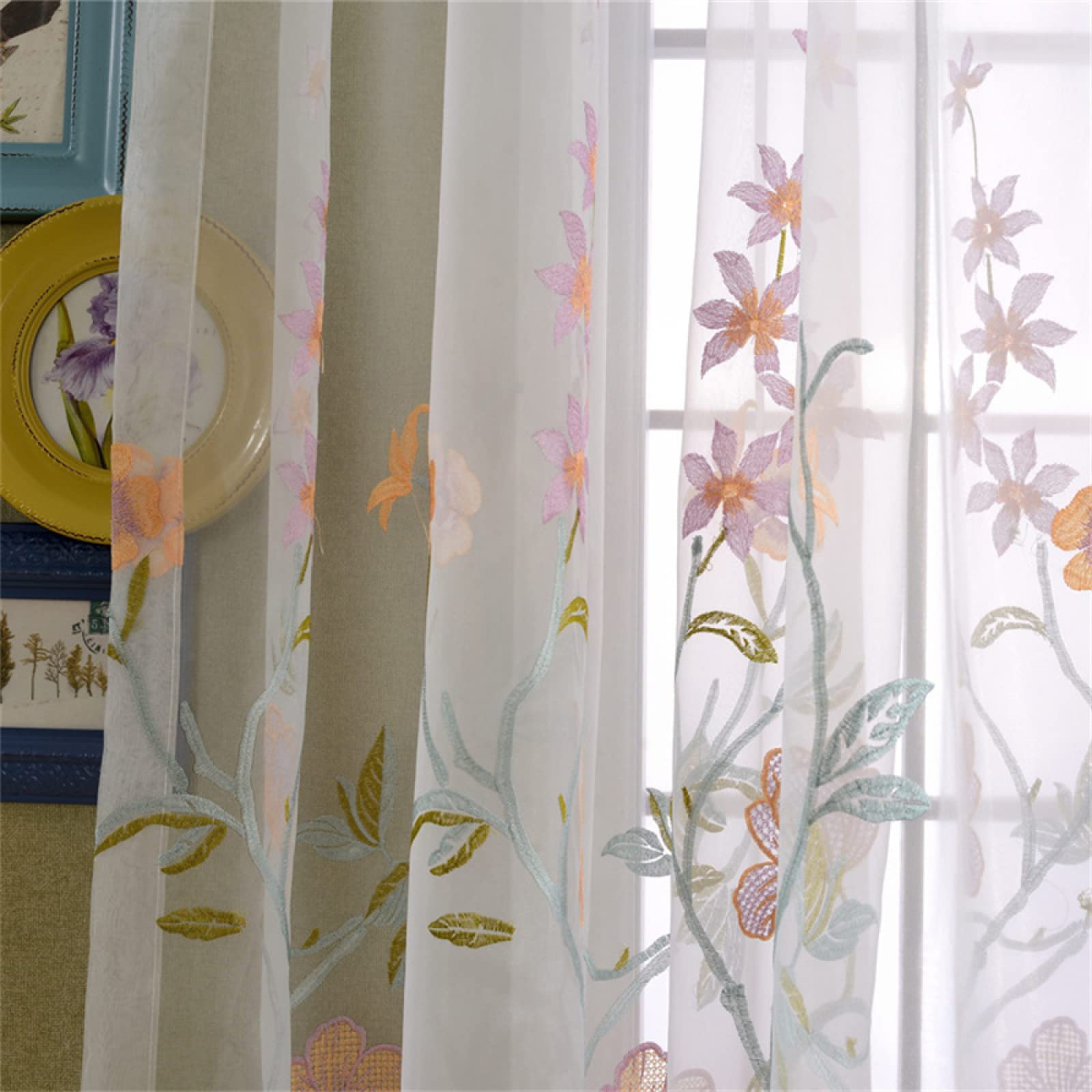 Translúcida Cortinas Visillo con Ollaos, Flor Bordada Cortina de Voile con Bordadas,Juego de 1 Cortinas, de la luz Solar Mientras Protege Algo de privacidad para salón Habitacion 1x220x270CM