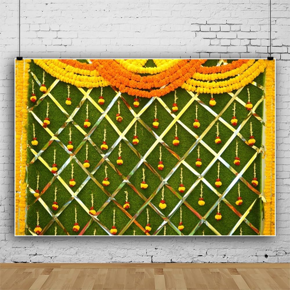 Renaiss 10x8ft Indian Traditional Backdrop Macrame Marigold Garland Marriage Diwali Festival Photography Background for Wedding Bridal Shower Anniversary Party Decor Photo Props
