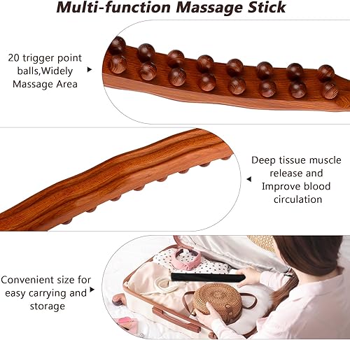 Miniatura 3 de Guasha - Herramienta de masaje de madera con 20 cuentas, rodillo de masaje de madera, masajeador de drenaje linfático para moldear el cuerpo,