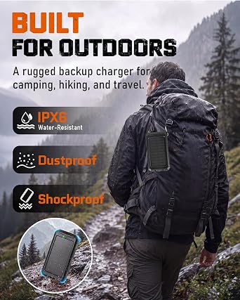 36800mAh Solar Power Bank, QC3.0 Phone Charger, LED, IP65, Black