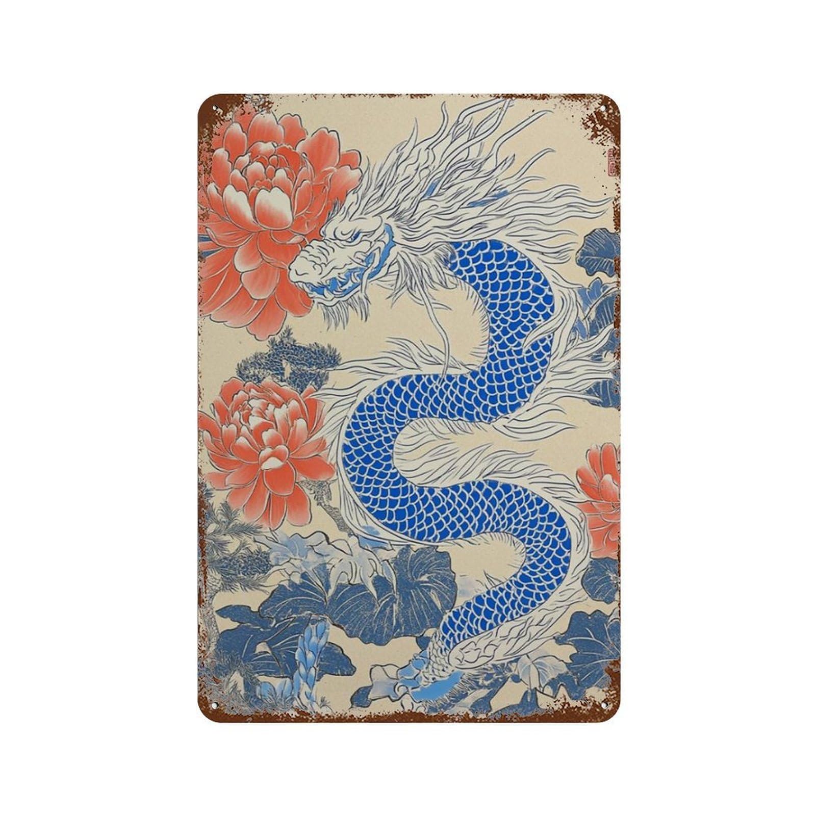 xiaoxiaoshen Chinese Dragon Blue Porcelain Style Asian Mythical Oriental Work Traditional Wall Decor Art Metal Tin Poster Modern Home Decor Art Home Bar Shop Decorations Vintage Sign 30x20cm