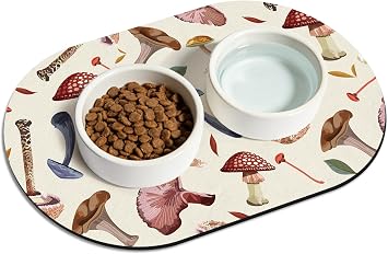 Dog Food Mat 20x12, Small Pet Feeding Mat, Non-Slip Rubber Pet Food Mat, Absorbent Cat Dog Water Bowl Mat for Messy Drinkers, Dogs Bowl Placemat for Food and Water, Mushroom