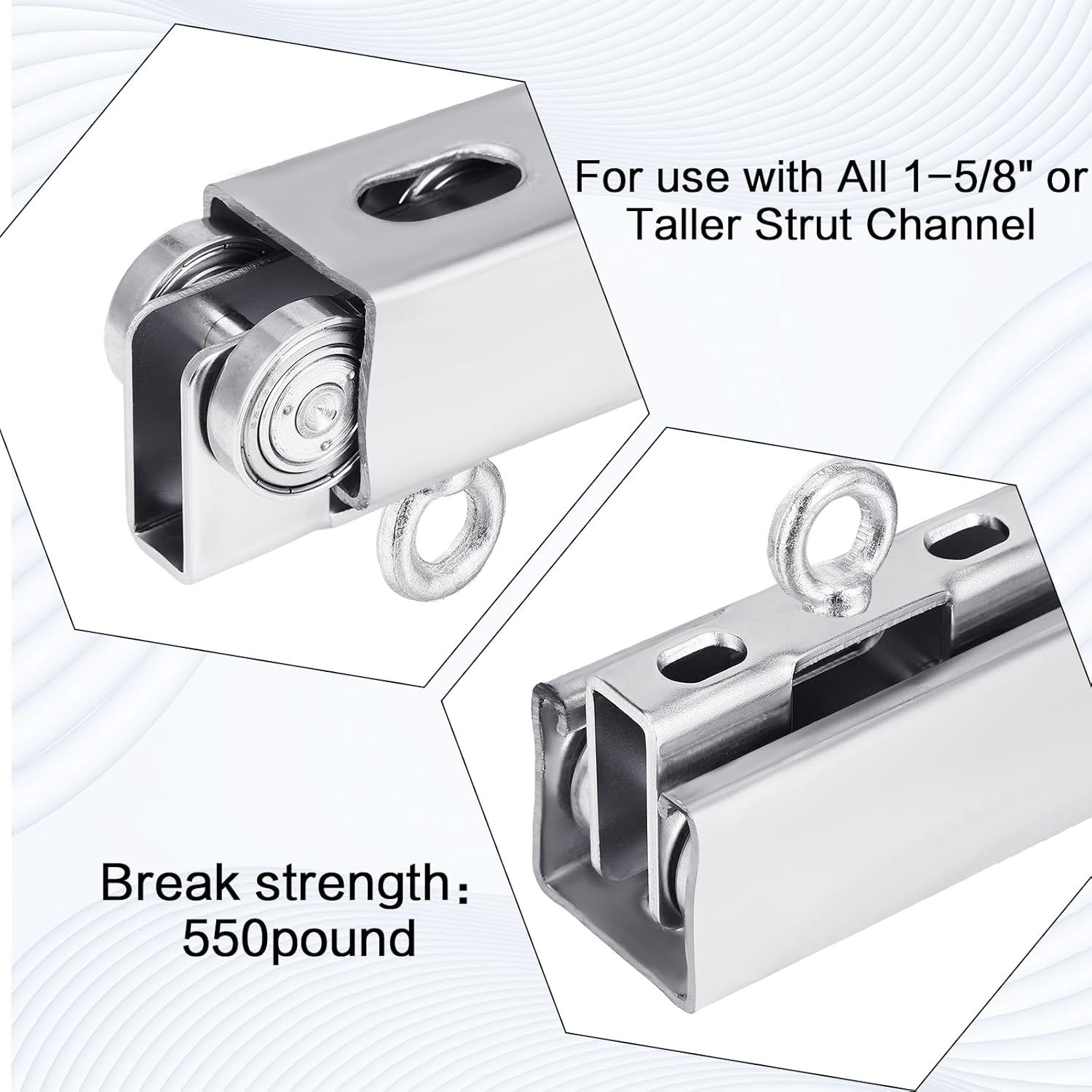 Electric Hoist Installation Roller Trolley for 1-5/8 Wide and All 1-5/8, Trolley Assembly Silent Electric Hoist for Taller Strut Channel(Ring Style, 4 Pcs)