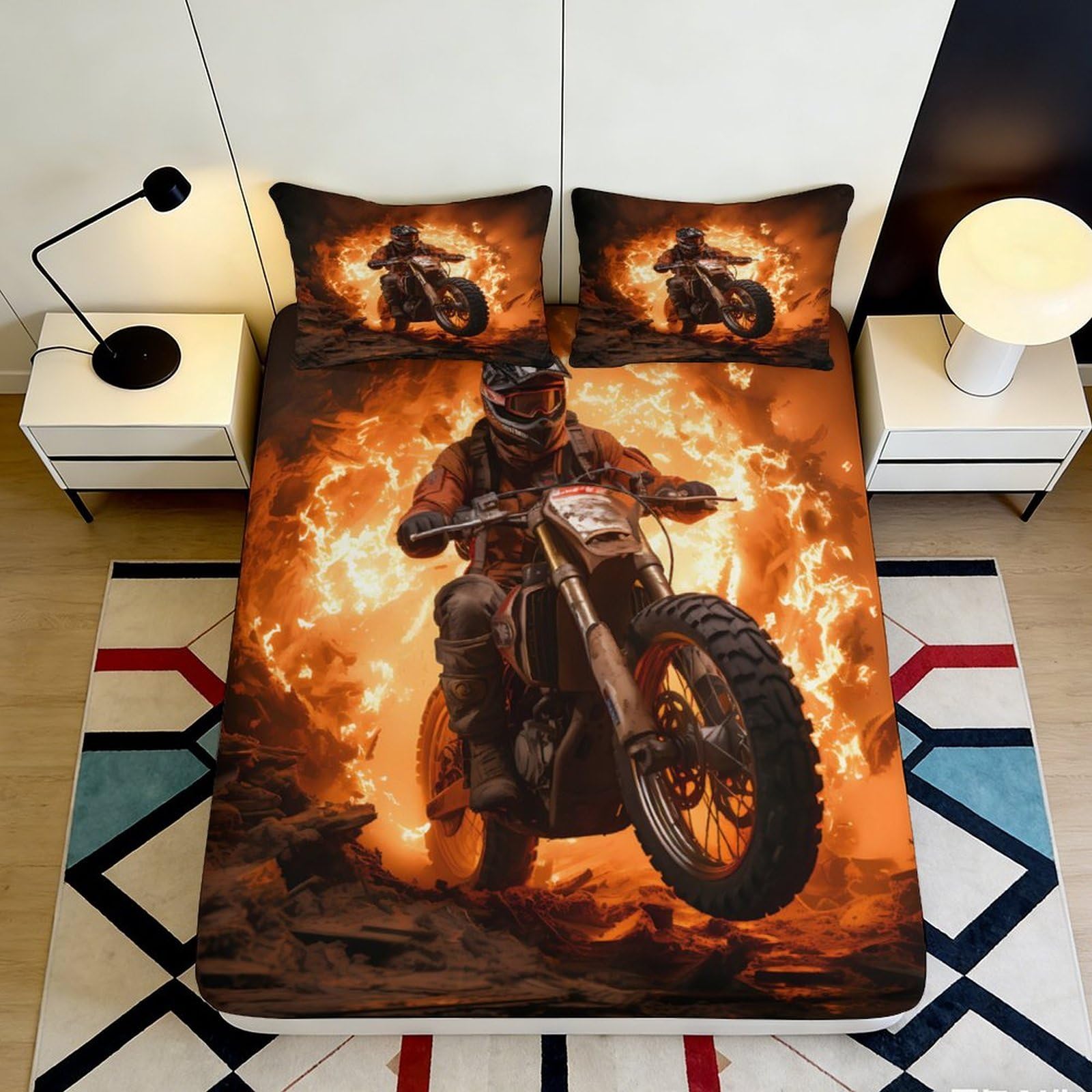 Dhbaneiok Style-9 3D Printed Fire Motorcycle Fitted Sheet Microfiber Orange Flames Bed Cover For Bedroom Dorm Mattress Protection Decor 90X200x25cm