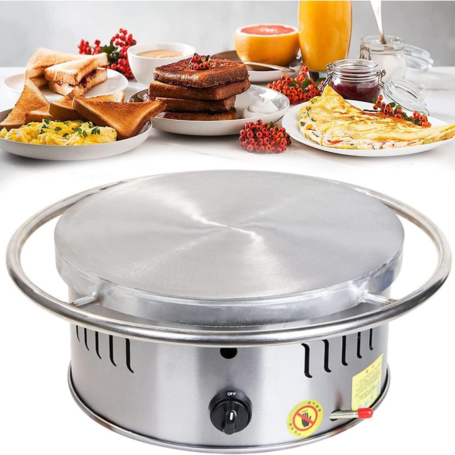 UMJIGF Commercial Gas Crepe Machine, 360° Rotatable Professional Stainless Steel Pancake Pan, 16 Inch Pancake Pan with Batter Spreader and Spatula,