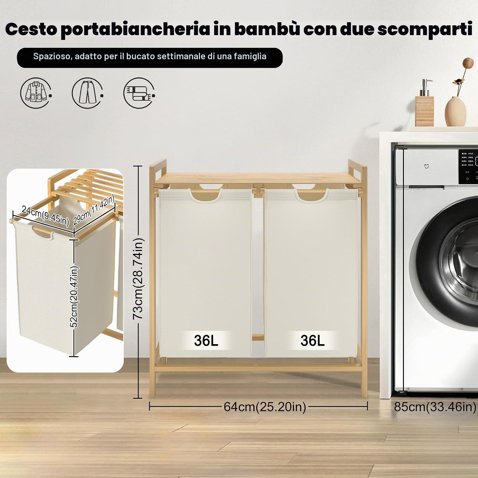 2 scomparti Cestino per biancheria in bambù, organizer per biancheria con ripiani, contenitore per biancheria 36L, 2 pezzi, sistema di ordinamento biancheria, scatola per biancheria, 73 x