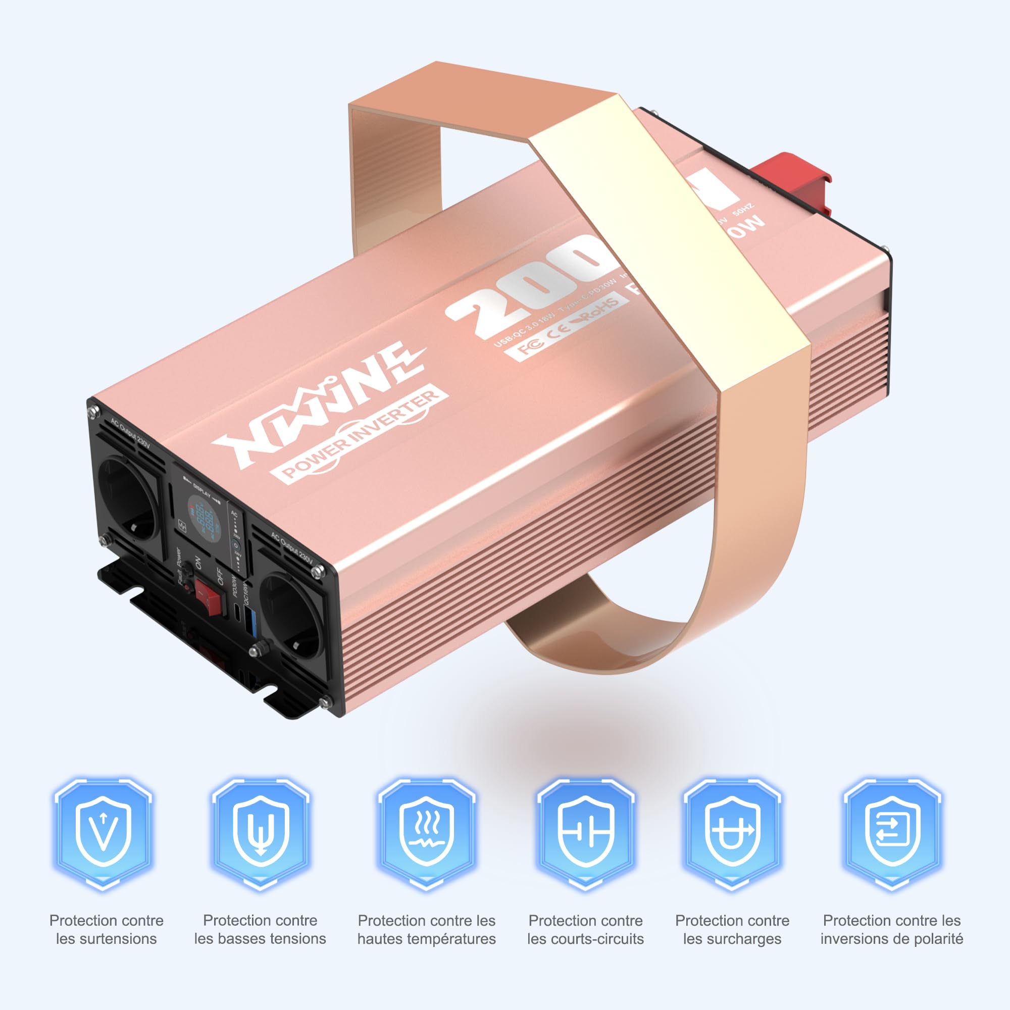 XWJNE Convertisseur 12V 220V Pur Sinus 2000W Onduleur, Convertisseur de Tension avec 2 Prises EU, 1 USB-A, 1 USB-C, Écran LCD, Télécommande, Transformateur 12V 220V pour Voiture, Camping, Caravane