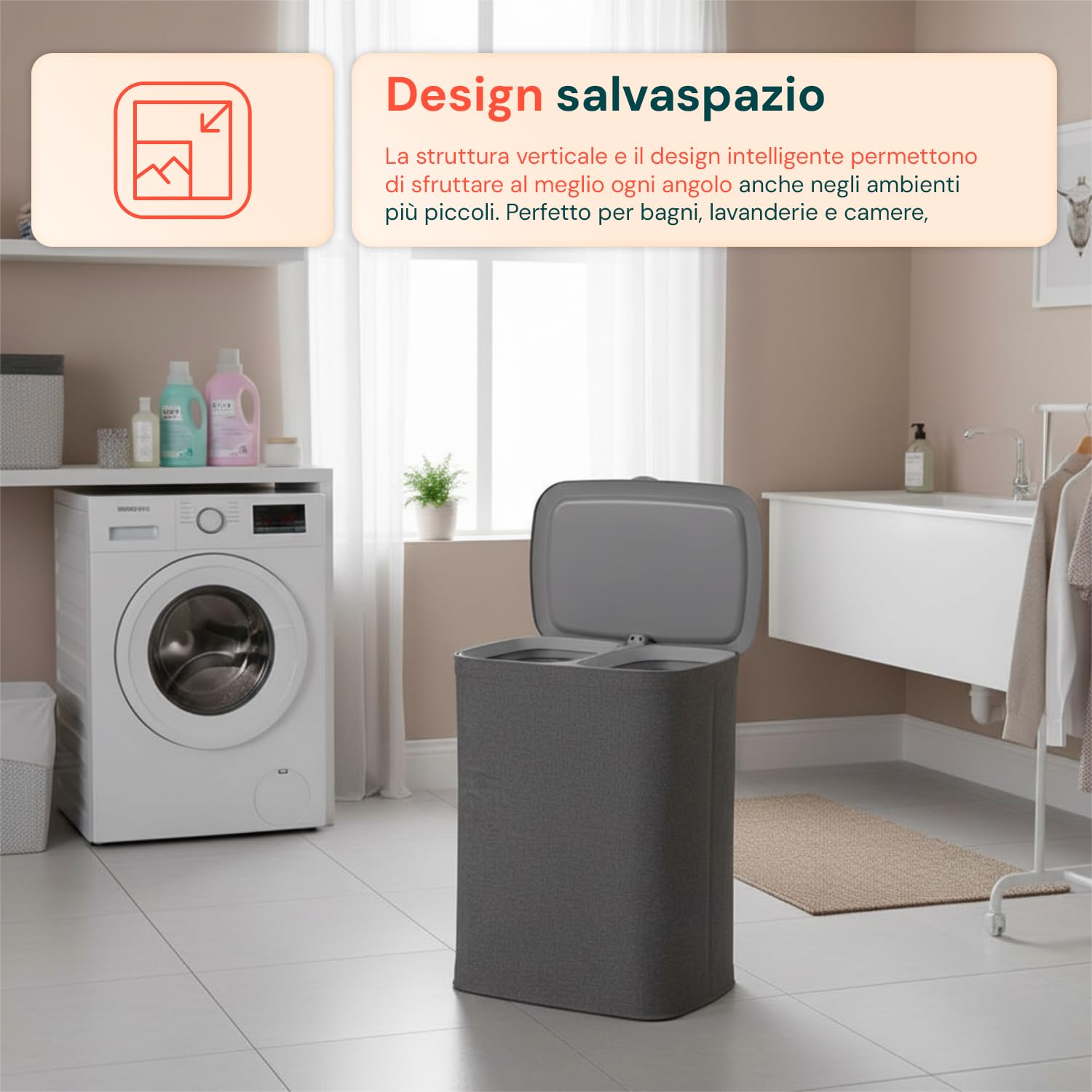 Avilia Cesta para la colada de 90 l con tapa, 2 compartimentos extraíbles y bolsas con asas, separa claros y oscuros, organizador para la colada de baño, lavandería o habitación